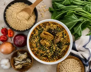 Egusi seeds and ingredients used to prepare Nigerian egusi soup